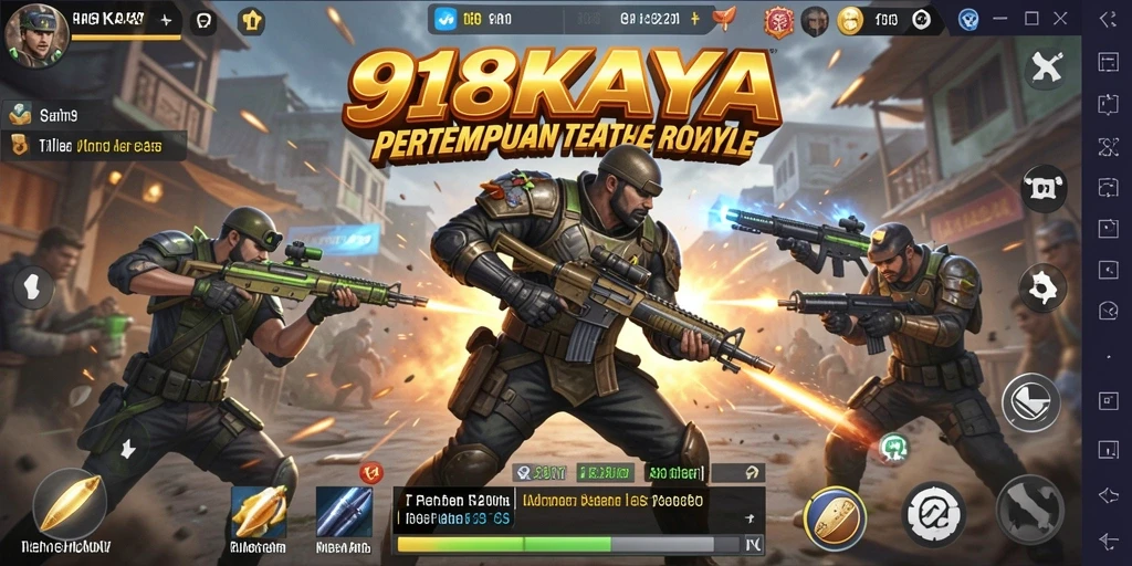 Tangkapan layar utama 918KAYA menampilkan pertempuran seru di arena Battle Royale.