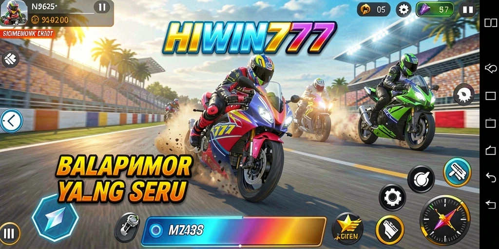 Tampilan gameplay seru dari HIWIN777 dengan balapan motor yang menegangkan.