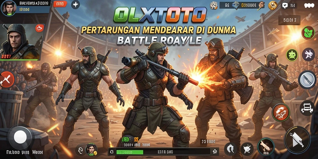 Screenshot utama OLXTOTO menampilkan aksi seru di medan tempur Battle Royale.